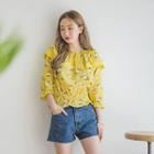 Caplet Smocked-waist Floral Cotton Top