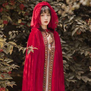 Patterned Trim Hooded Long Cape