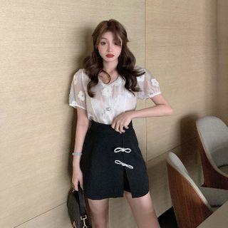 Floral Short-sleeve Blouse / Bow Mini A-line Skort