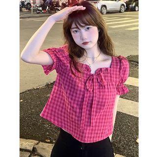 Short-sleeve Plaid Blouse / Sleeveless Top
