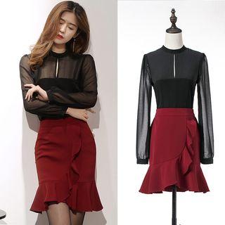 Set: Keyhole Front Long-sleeve Chiffon Blouse + Ruffle Hem Mini Skirt