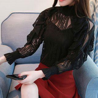 Set: Mock-neck Lace Long-sleeve Top + Spaghetti Strap Top