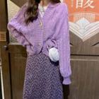 Long-sleeve Cable-knit Cardigan / High-waist Floral Printed Skirt