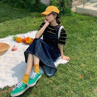 Denim Midi Overall Dress / Striped T-shirt / Set