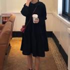 Balloon-sleeve Collared A-line Dress Black - One Size