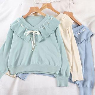 Drawstring Collared V-neck Knit Top
