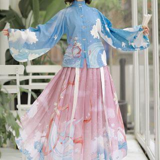 Hanfu Set Of 2 : Print Stand-collar Long-sleeve Top + Print Semi-body Maxi Accordion Pleat Skirt