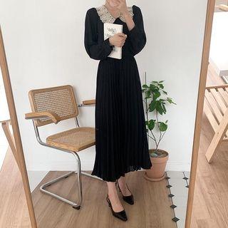 Crochet Collar Balloon-sleeve Shirt / Accordion Pleat Midi A-line Skirt