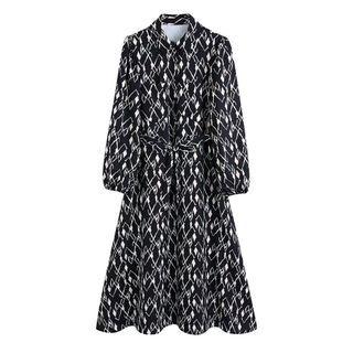 Printed Long Sleeve A-line Shirt Midi Dress