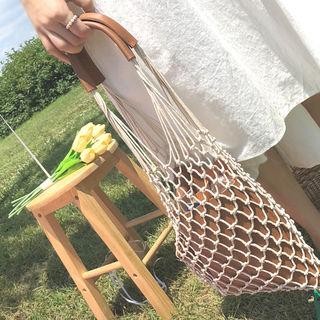 Faux-leather Raffia Knit Bag