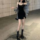 Set : Skinny Spaghetti-strap Dress + Plaid Cardigan