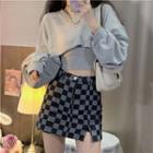 Cropped Sweatshirt / Camisole Top / Checkerboard Mini Fitted Skirt / Set