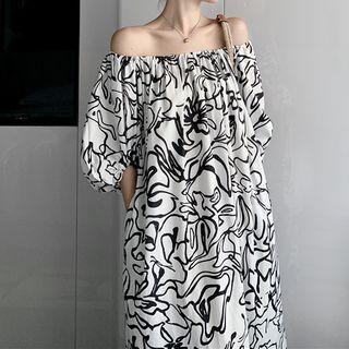 3/4-sleeve Floral Patterned Midi A-line Dress