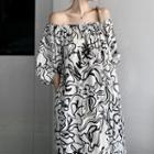 3/4-sleeve Floral Patterned Midi A-line Dress