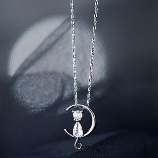 Moon & Cat Rhinestone Pendant Sterling Silver Necklace Silver - One Size