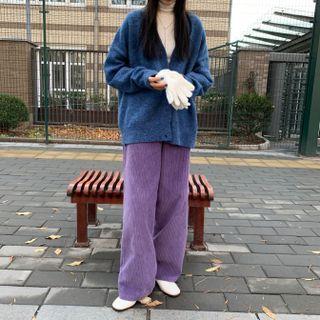 Plain Long-sleeve Cardigan / High-waist Wide-leg Pants