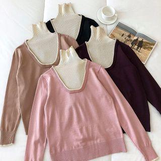 Long-sleeve Turtle-neck Mock Two-piece Knit Top