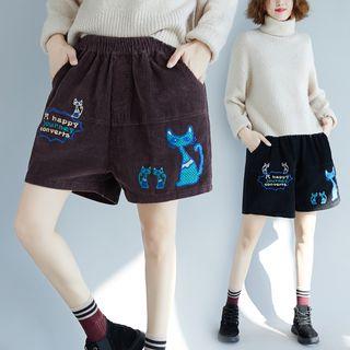 Cat Embroidered Corduroy Wide-leg Shorts