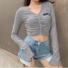Letter Embroidered V-neck Long-sleeve T-shirt