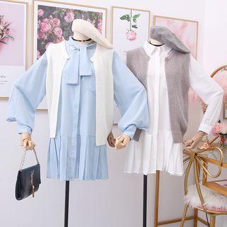 Set: Tie-neckline Pleated-hem Mini Shirtdress + Open-front Knit Vest