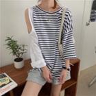 Cold-shoulder Striped Long-sleeve Top As Shown In Figure - One Size