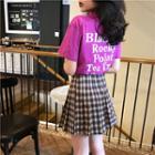Set: Letter Short-sleeve T-shirt + Gingham Pleated Mini Skirt