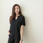 Open-placket Pintuck-trim Top