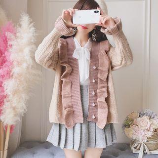 Ruffle-trim Cable-knit Buttoned Cardigan As Shown In Figure - One Size