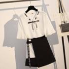 Short-sleeve Bow-accent Chiffon Blouse / Lettering Trim Mini A-line Skirt / Set