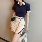 Short-sleeve Contrast Trim Polo Shirt / Pencil Skirt