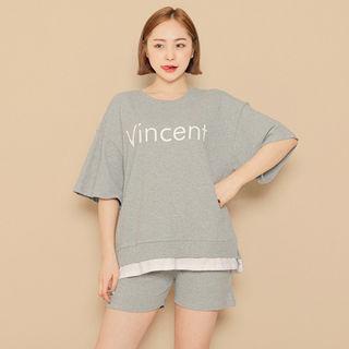 Set: Lettering Loose-fit Top + Band-waist Shorts