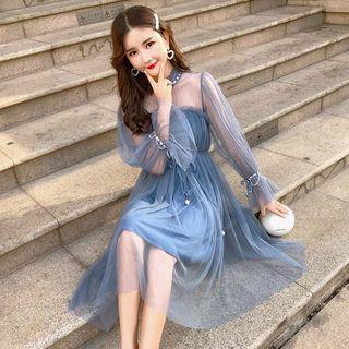 Bell-sleeve Midi Mesh A-line Dress