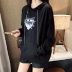 Heart Print Hoodie Black - One Size