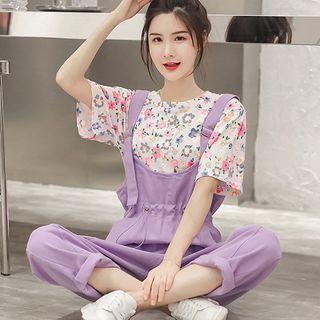Short-sleeve Floral Print T-shirt / Drawcord Jumper Pants / Set