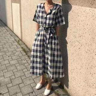Plaid Short-sleeve A-line Midi Dress With Sash