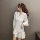 Long-sleeve Floral Debossed Mini Dress