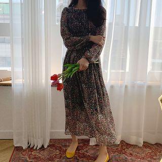 Square-neck Smocked Long Floral Dress
