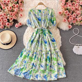 Short Sleeve Tie Dye Lace-up Dress