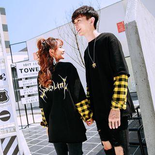 Couple Matching Mock Two-piece Plaid Panel Lettering Sweatshirt