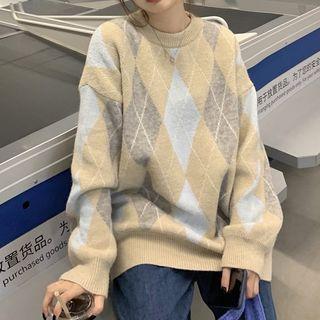 Long-sleeve Plaid Knit Sweater Almond - One Size