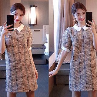 Puff-sleeve Wool Blend Tweed Shift Dress