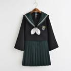 Sailor Collar Long-sleeve Top / Plain Pleated Mini Skirt / Set