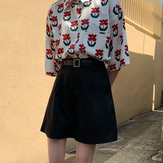 Elbow-sleeve Flower Print Shirt / Wide-leg Shorts