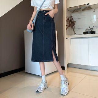 High-waist Plain Split A-line Denim Midi Skirt