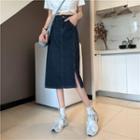 High-waist Plain Split A-line Denim Midi Skirt