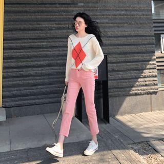 Drop-shoulder Argyle Patterned Knit Top