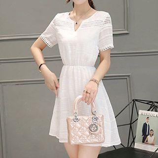 Split Neck Perforated Short Sleeve Dress