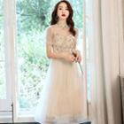 Short-sleeve Embroidered Mesh Midi Prom Dress