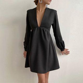 Lantern-sleeve V-neck Mini A-line Dress