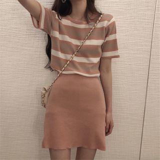 Set: Short-sleeve Striped Knit Top + Mini A-line Skirt Set - One Size